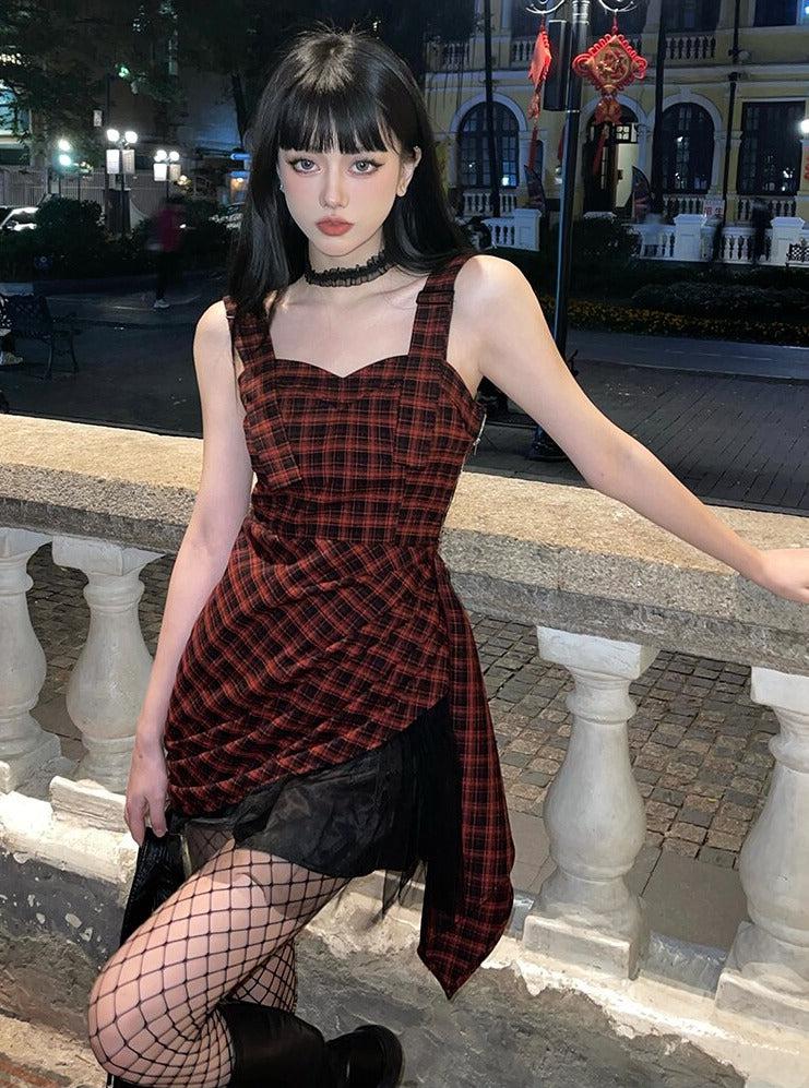 Red and Black Plaid Mini Dress with Fishnet Tights Red and Black Plaid Mini Dress with Fishnet Tights — Y2K Dress