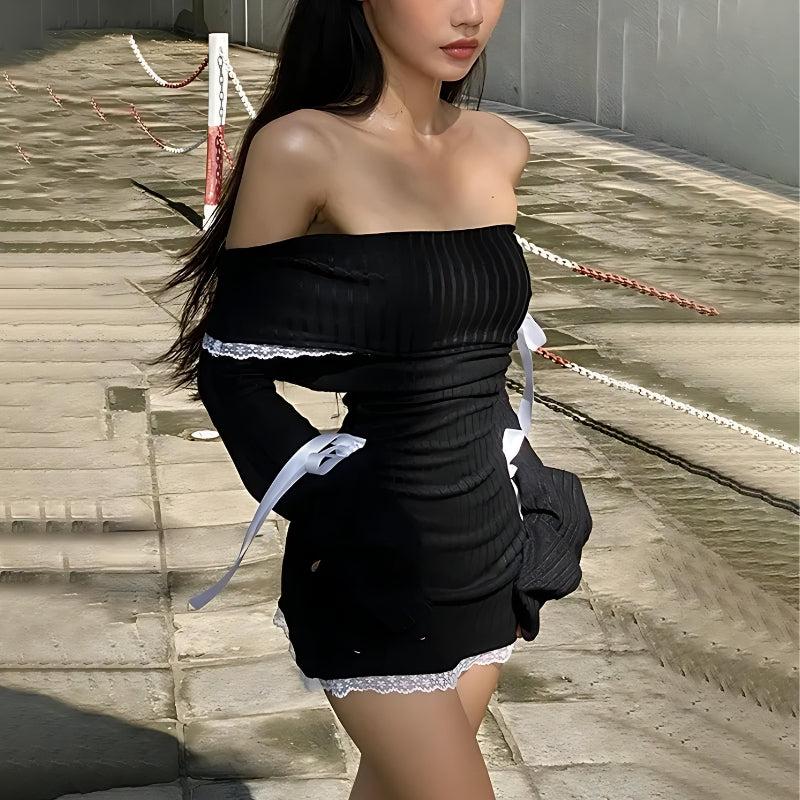 Black Off-Shoulder Mini Dress with Lace Trim and Bows, Fitted Black Off-Shoulder Mini Dress with Lace Trim and Bows, Fitted — Y2K Dress