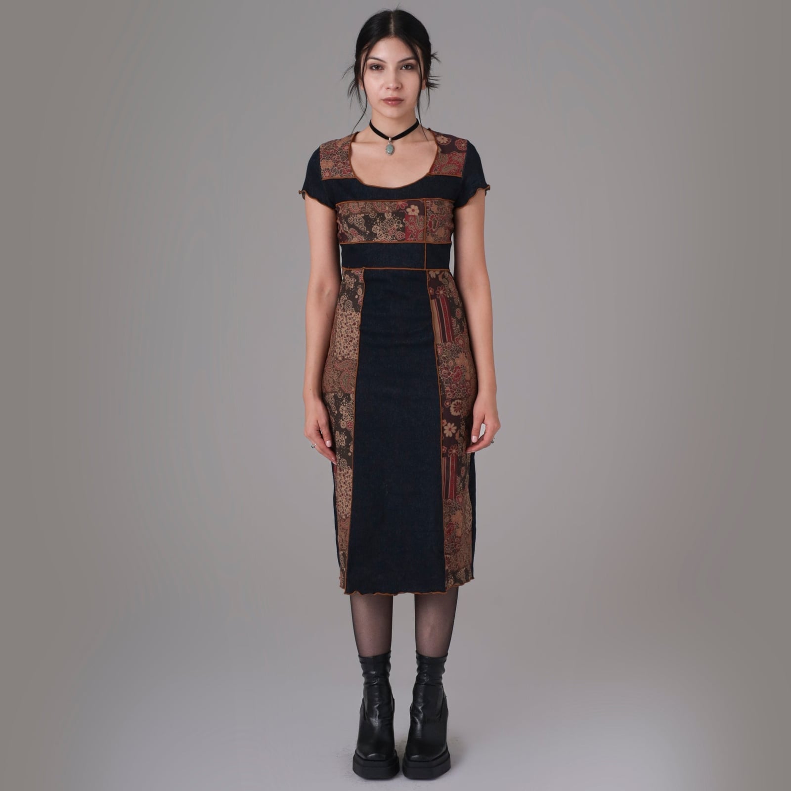 Patchwork Denim and Patterned Midi Dress Patchwork Denim and Patterned Midi Dress — Y2K Dress