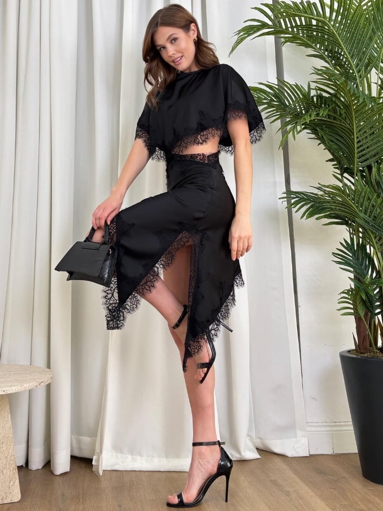 Black Satin Midi Dress with Lace Trim and Cut-Outs Black Satin Midi Dress with Lace Trim and Cut-Outs — Y2K Dress