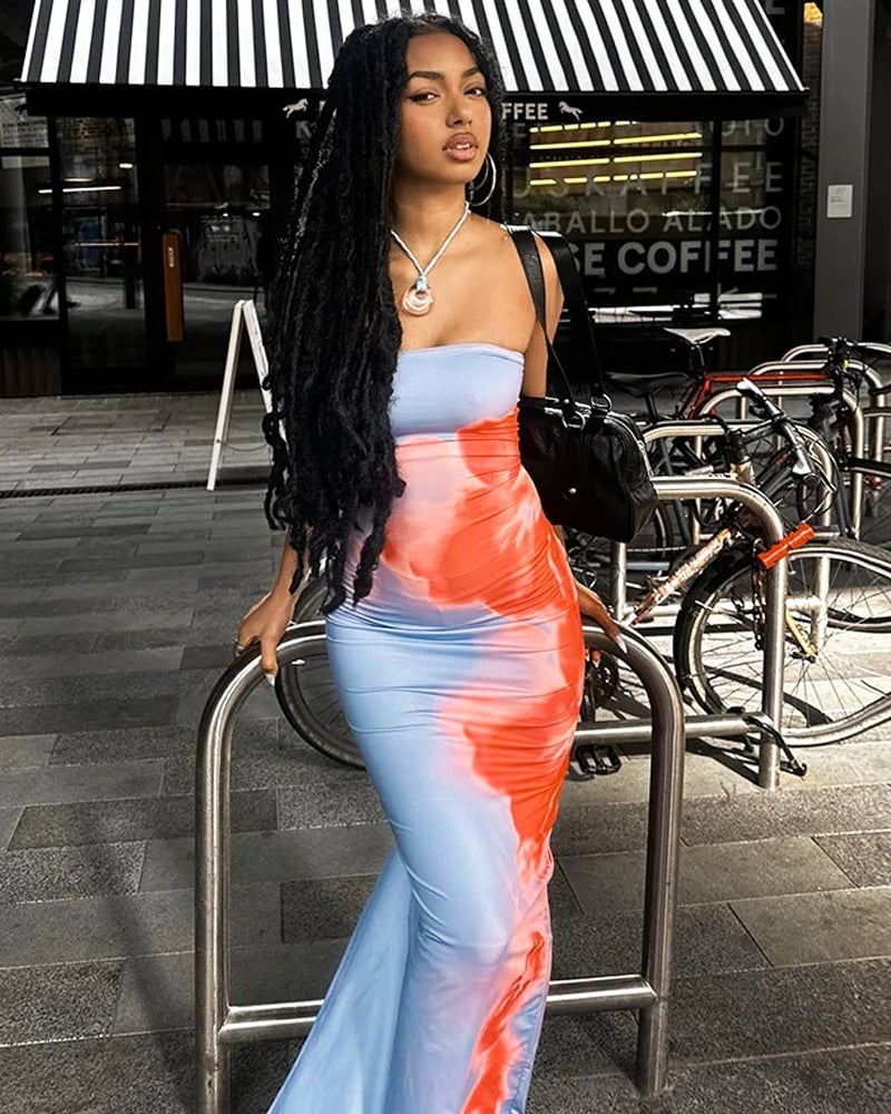 Blue and Orange Tie-Dye Mesh Maxi Dress With Black Shoulder Bag Blue and Orange Tie-Dye Mesh Maxi Dress With Black Shoulder Bag — Y2K Dress