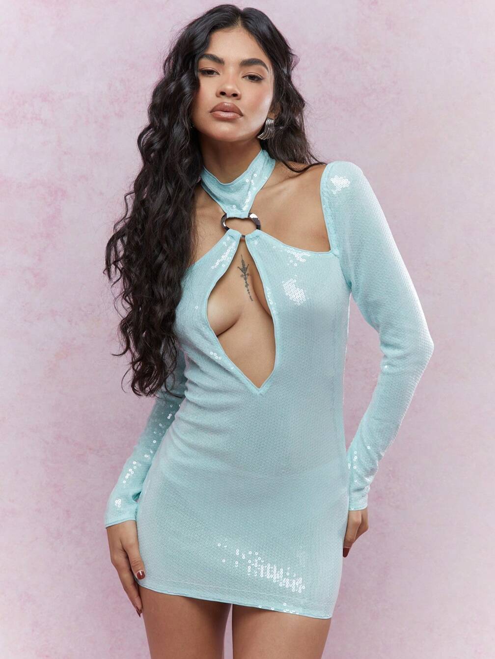Light Blue Sequined Halter Neck Dress, Office-Safe Version Light Blue Sequined Halter Neck Dress, Office-Safe Version — Y2K Dress
