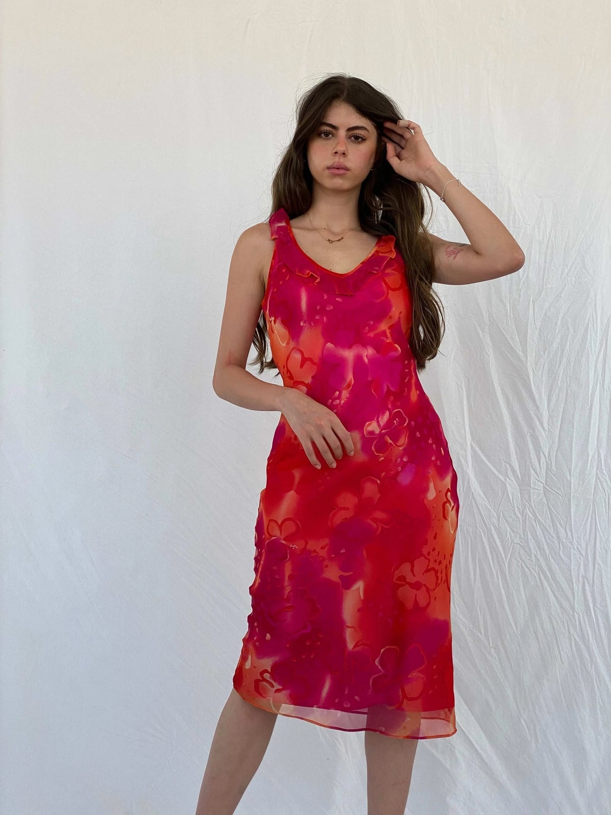 Pink and Orange Floral Print Sheer Midi Dress Pink and Orange Floral Print Sheer Midi Dress — Y2K Dress