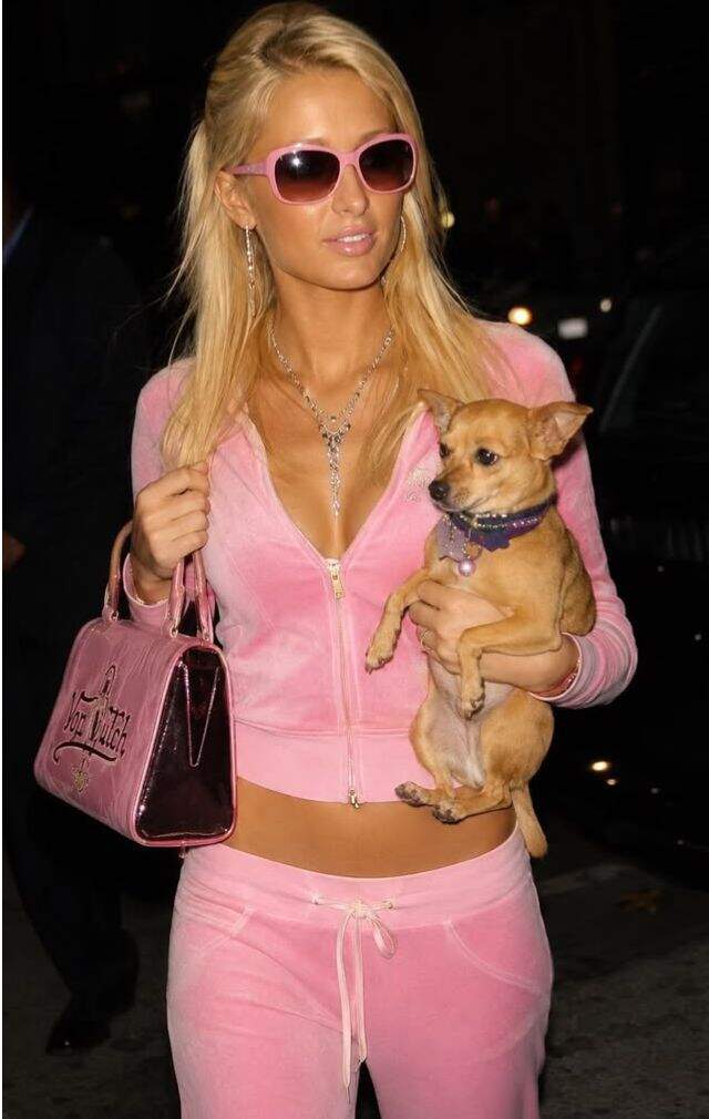 Pink Velour Tracksuit with Sunglasses and Handbag — Y2K Outfits 2000s