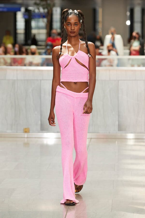 Crochet Halter Top with Low-Rise Flared Pants — Y2K Outfits 2000s