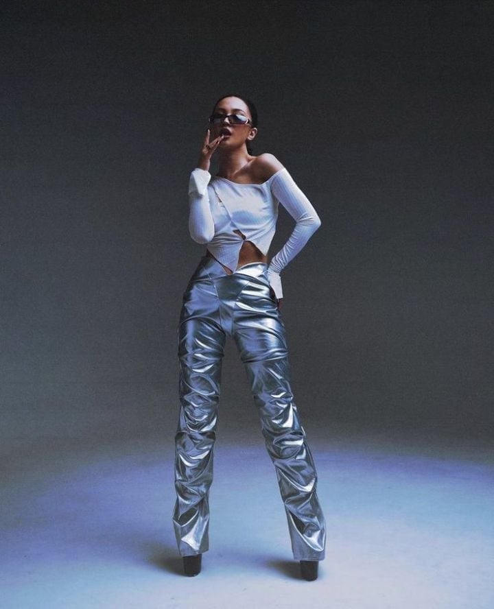 Silver Metallic Ruched Pants with Off-Shoulder Top — Y2K Outfits 2000s