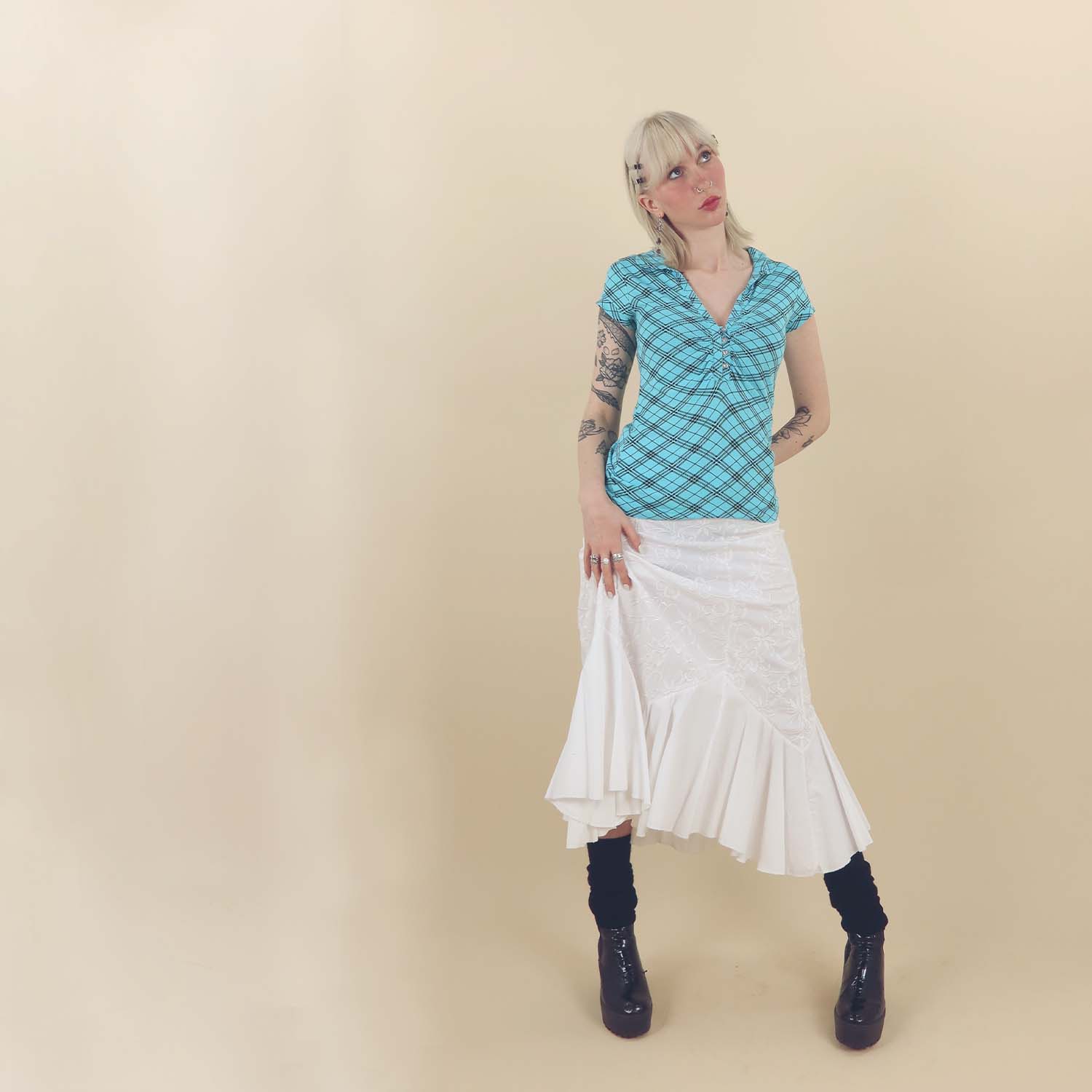 Plaid Print Top with Lace Maxi Skirt and Platform Boots — Y2K Outfits 2000s