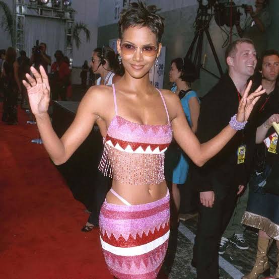Pink Sparkly Halter Top with Low-Rise Skirt — Y2K Outfits 2000s