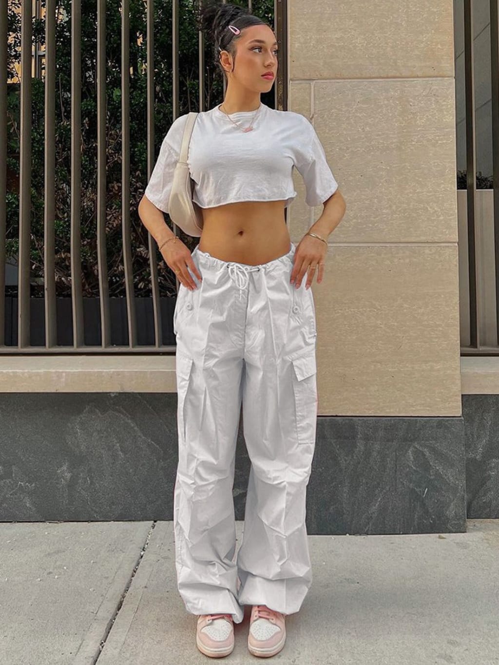 Baggy White Cargo Pants with White Crop Top — Y2K Outfits
