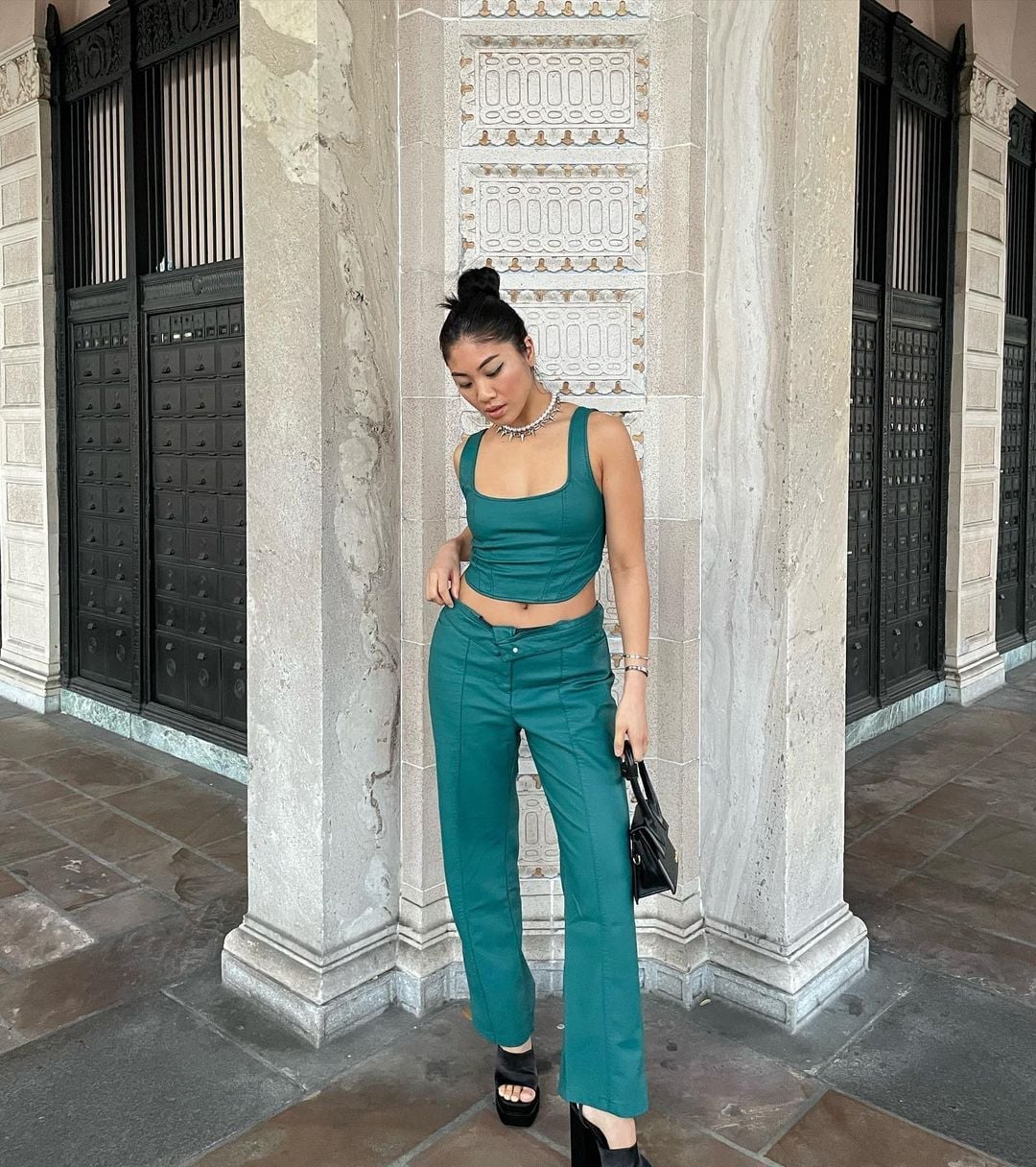 Teal Coordinated Set with Platform Sandals — Y2K Outfits
