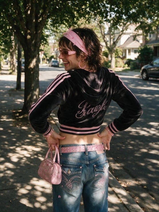 Velour Hoodie with Embroidered Low-Rise Jeans and A Small Pink Handbag — Y2K Outfits