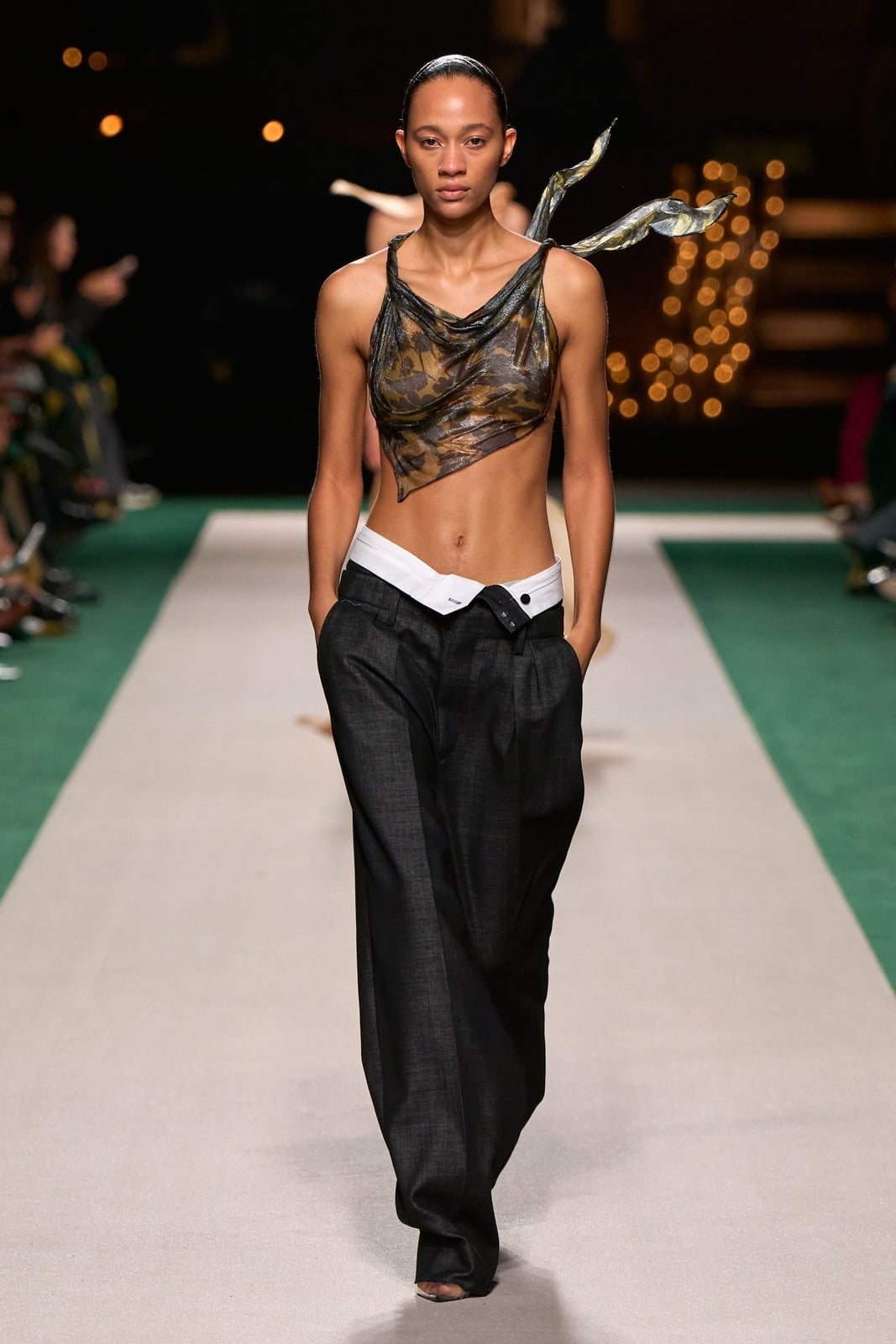 Sheer Cowl Neck Top with Wide-Leg Trousers — Y2K Outfits