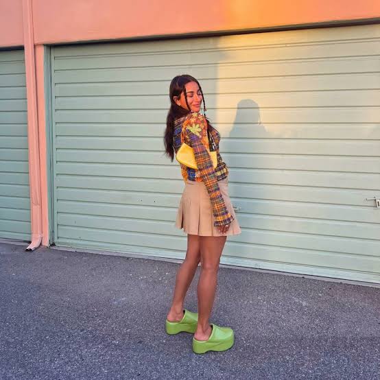 Plaid Long-Sleeve Top with Mini Skirt and Clogs — Y2K Outfits
