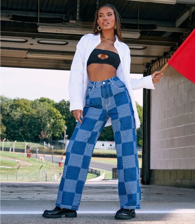 Checkerboard Jeans with Tube Top and Oversized Shirt, Close-Up Take — Y2K Outfits