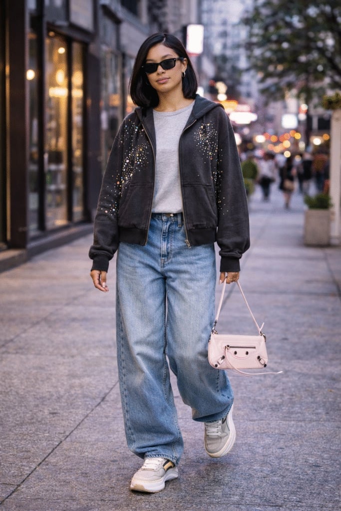 Rhinestone Hoodie with Baggy Jeans and Chunky Sneakers — Y2K Outfits