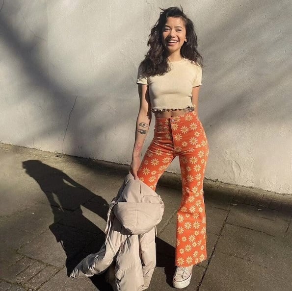 Floral Flare Pants with Lettuce Hem Crop Top — Y2K Outfits
