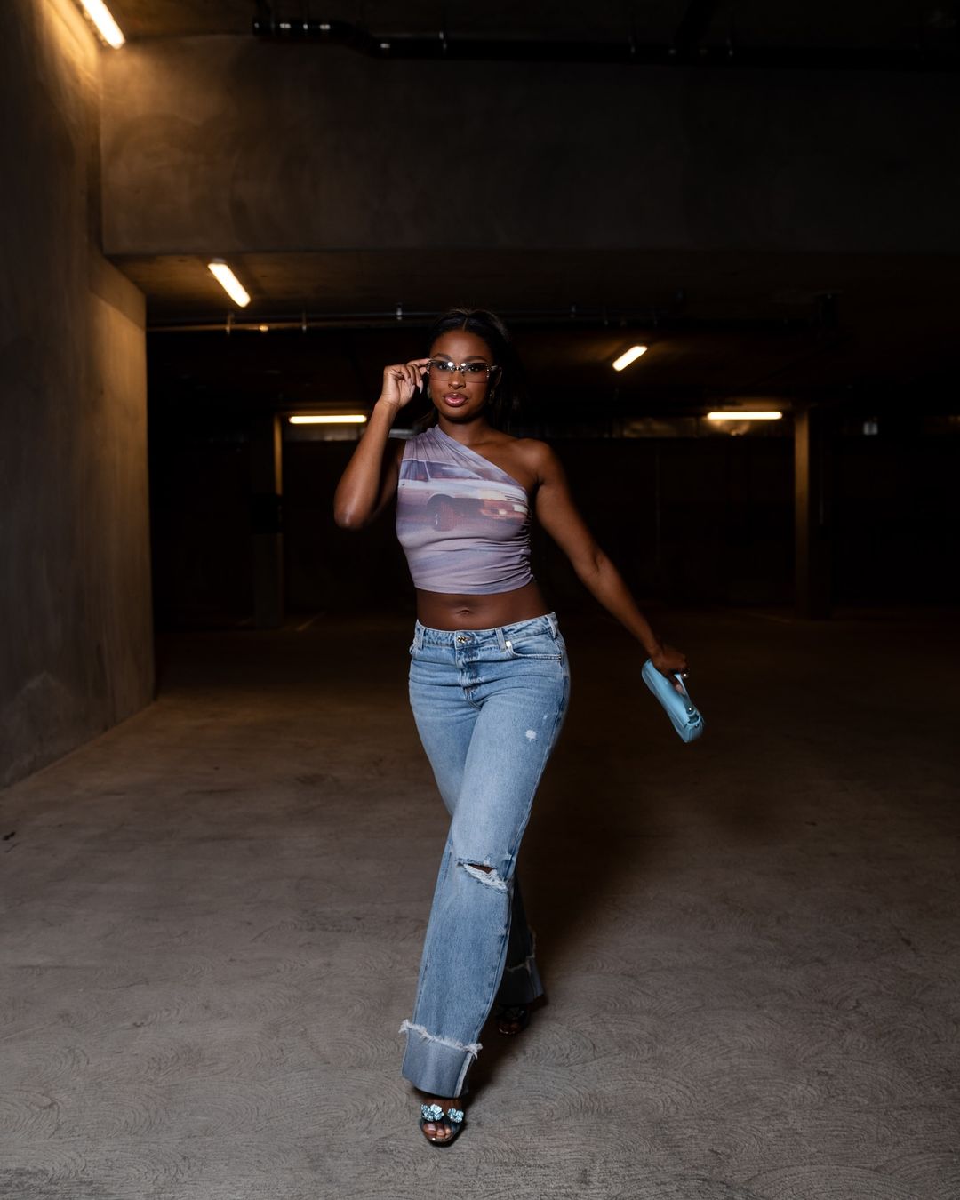 Ripped Low-Rise Jeans with Landscape Print Top — Y2K Outfits