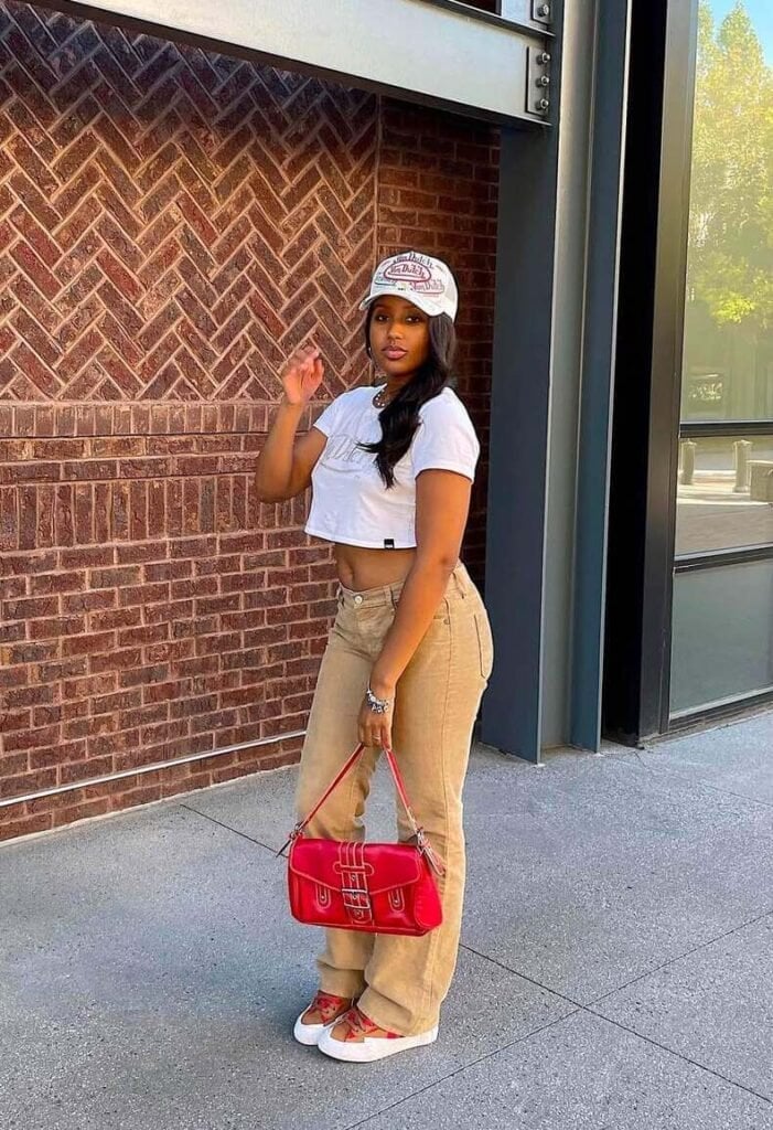 Low-Rise Corduroy Pants with Crop Top and Cap — Y2K Outfits