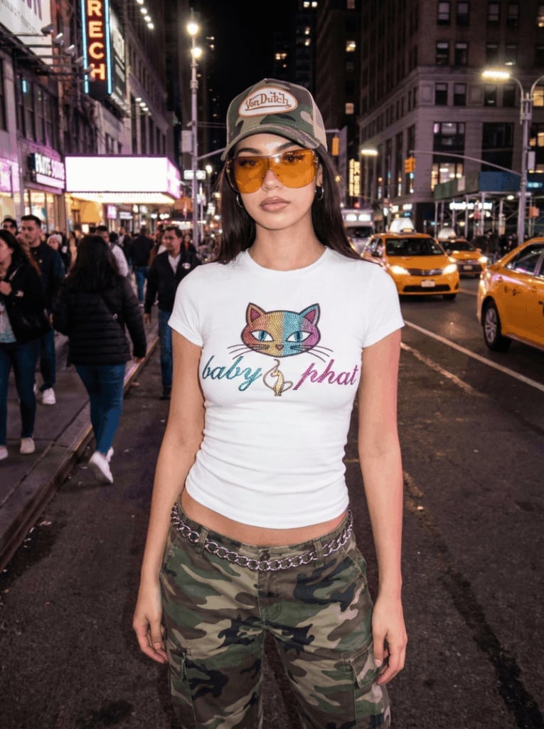 Baby Phat Graphic Tee with Camo Cargo Pants — Y2K Outfits