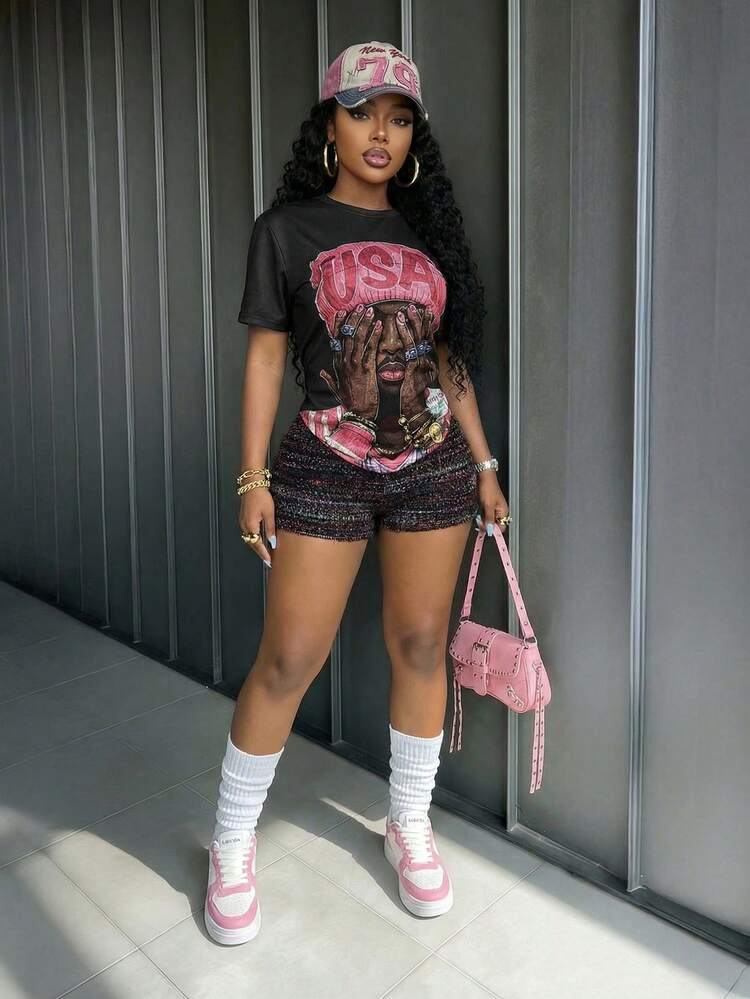 Graphic T-Shirt with Tweed Shorts and Sneakers — Y2K Outfits