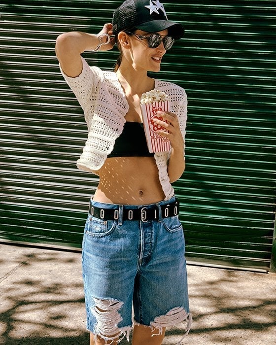 White Crochet Shrug Over Black Bandeau, Everyday Version White Crochet Shrug Over Black Bandeau, Everyday Version — Y2K Party Outfit