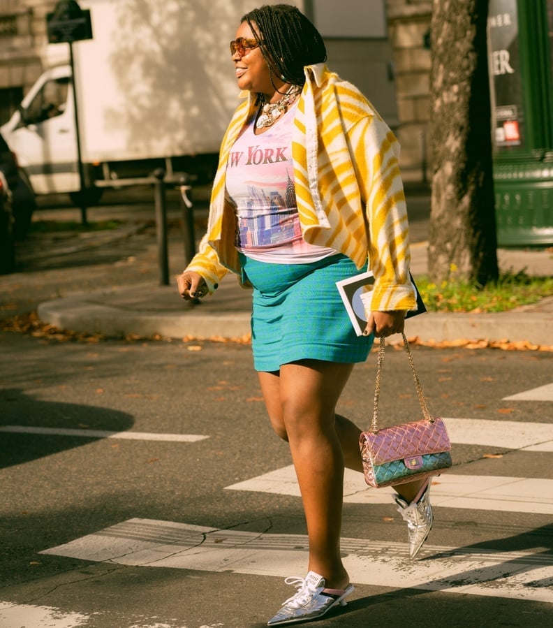 Pink Graphic T-Shirt and Turquoise Mini Skirt with Striped Jacket Pink Graphic T-Shirt and Turquoise Mini Skirt with Striped Jacket — Y2K Party Outfit