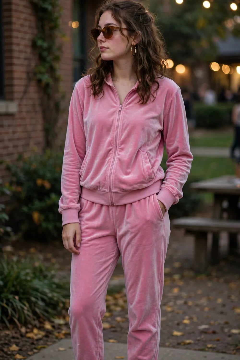 Full Pink Velour Tracksuit for a Casual Party, Close-Up Take Full Pink Velour Tracksuit for a Casual Party, Close-Up Take — Y2K Party Outfit