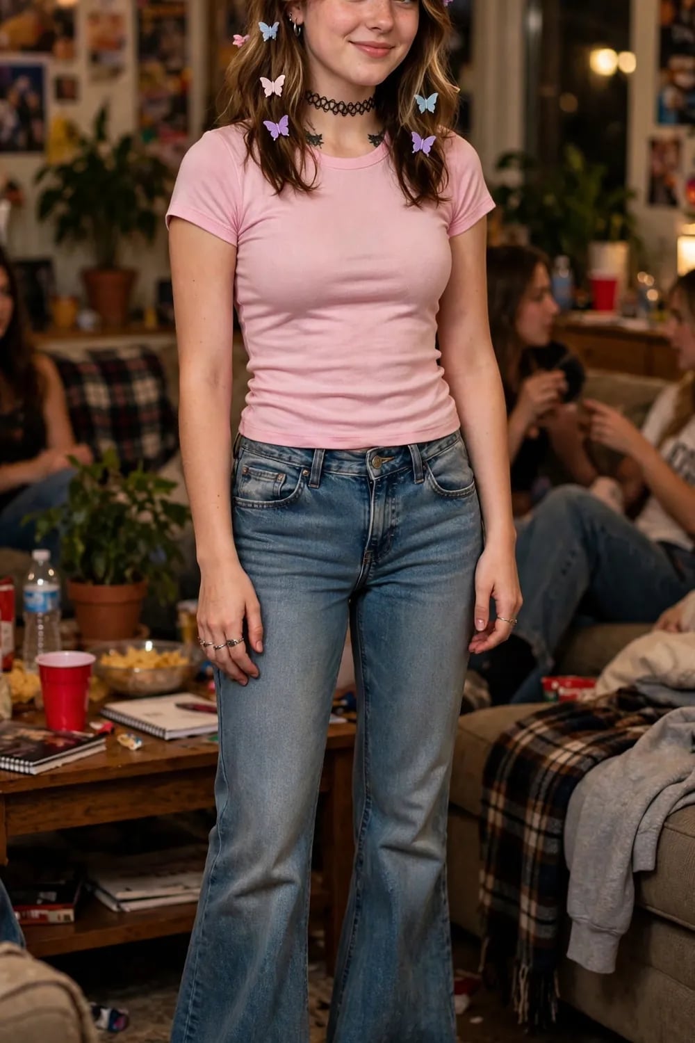 Pink T-Shirt and Flared Jeans with Butterfly Clips Pink T-Shirt and Flared Jeans with Butterfly Clips — Y2K Party Outfit