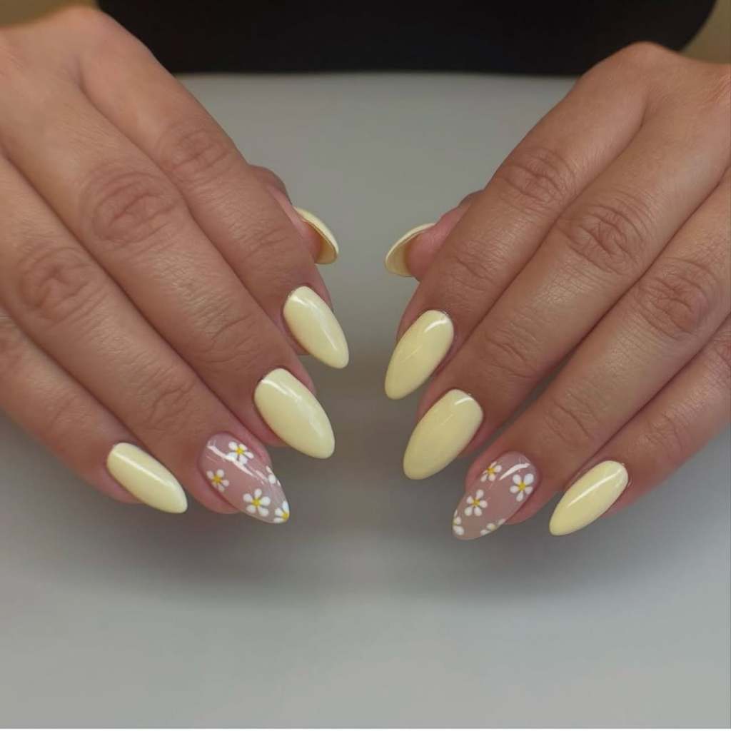Medium Almond Light Yellow With Daisy Accents — Yellow Nails
