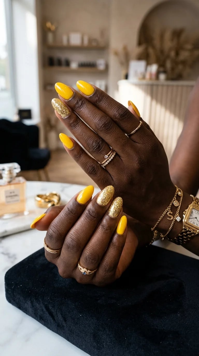 Medium Oval Yellow With Gold Glitter Accents — Yellow Nails