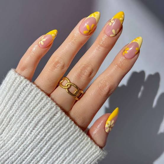 Medium Almond Sheer Pink Yellow Floral French Tips — Yellow Nails