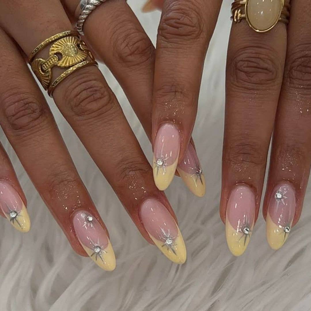 Medium Almond Sheer Pink Yellow French Tips, Close-Up Take — Yellow Nails