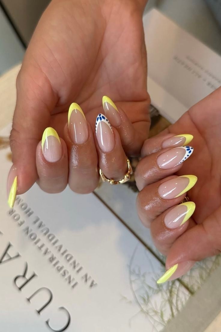 Medium Almond Yellow French Tips With Blue Dot Accents — Yellow Nails