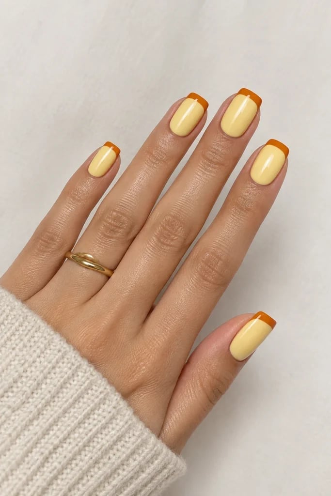 Short Square Yellow Orange French Tips — Yellow Nails