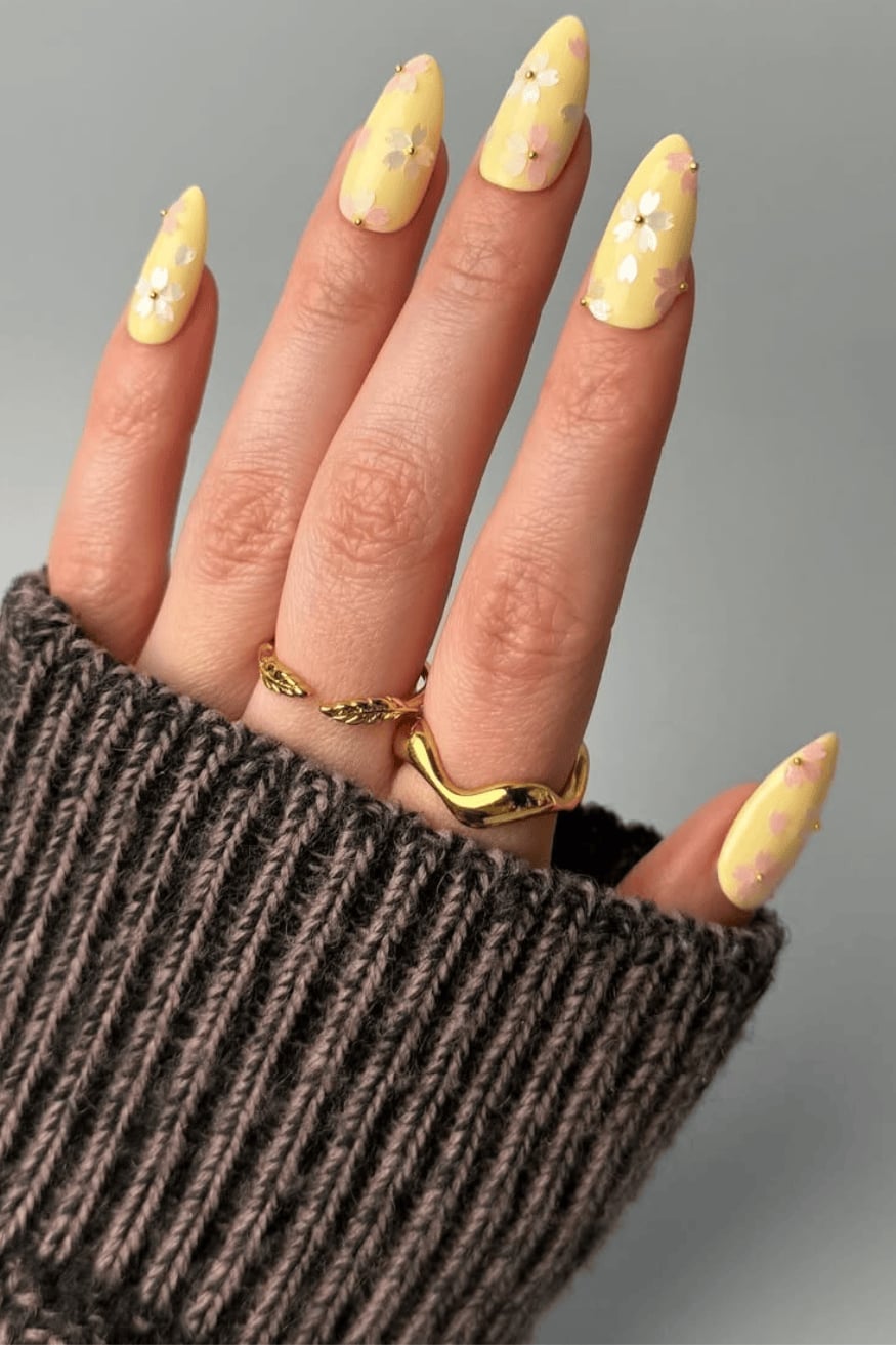 Short Square Sheer Pink White French Tips With Yellow Florals — Yellow Nails