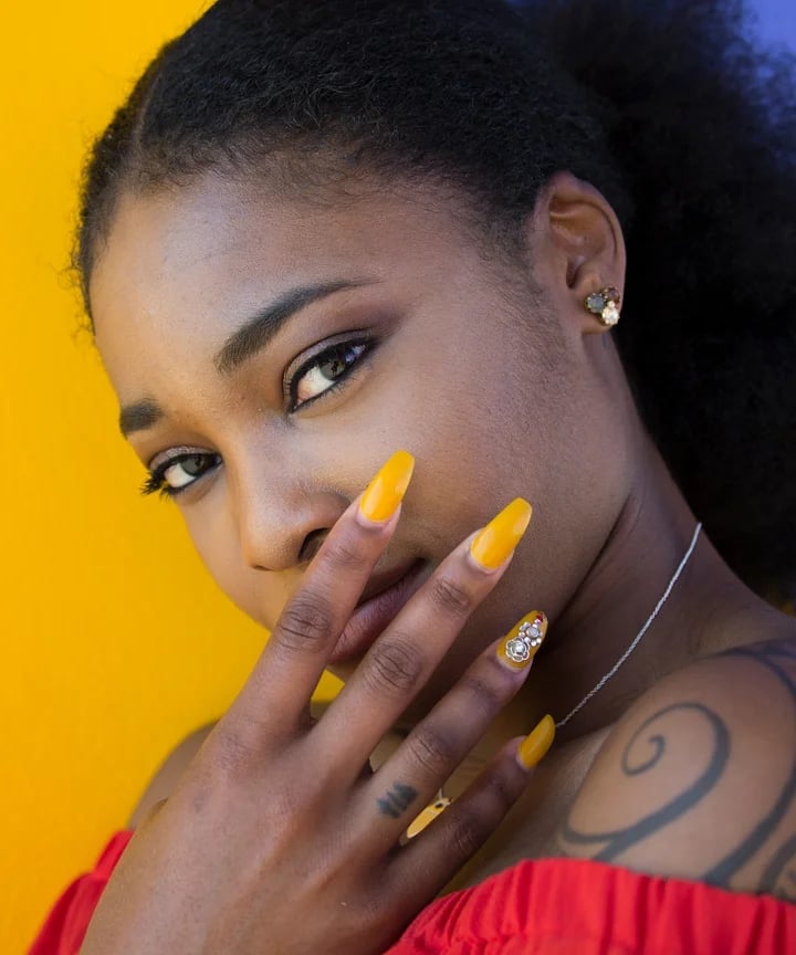 Vibrant Yellow Coffin Nails With Rhinestones — Yellow Nails