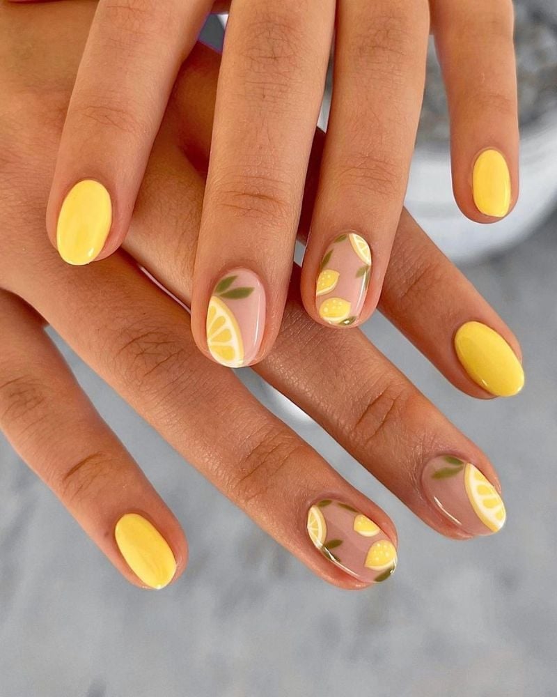 Short Oval Bright Yellow With Lemon Slice Art — Yellow Nails