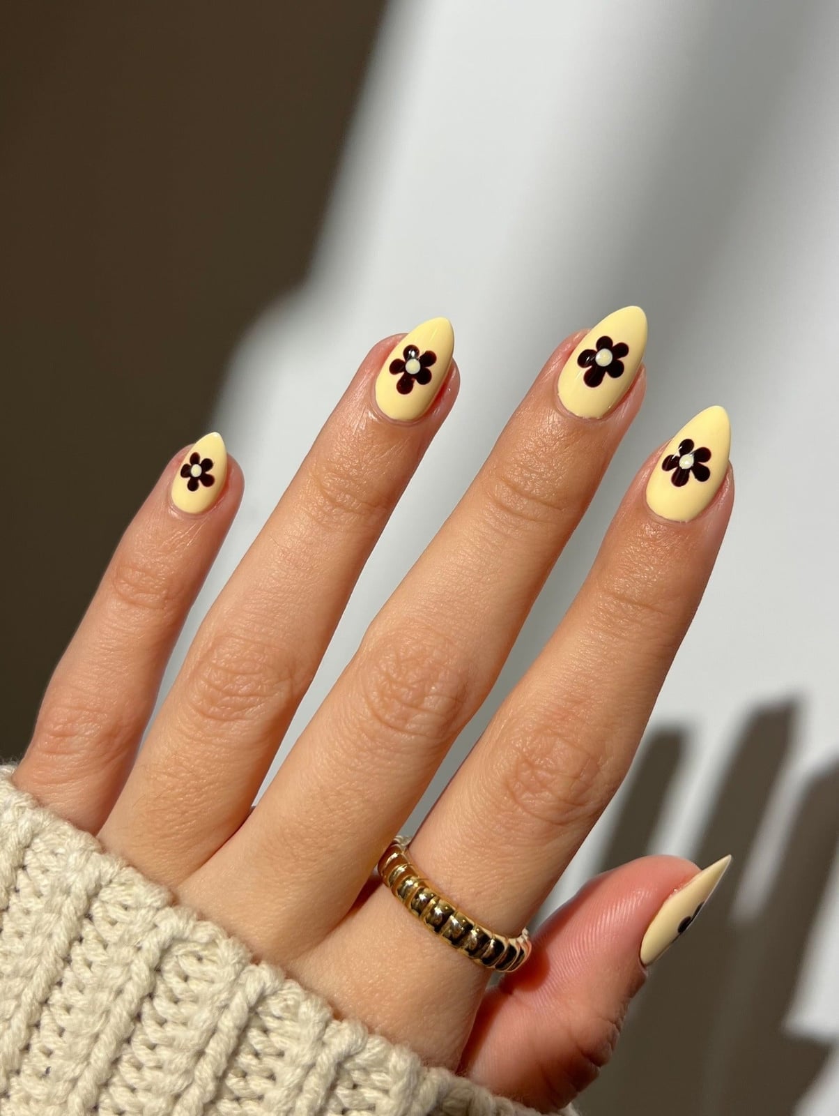 Medium Almond Pale Yellow With Brown Flower Design — Yellow Nails