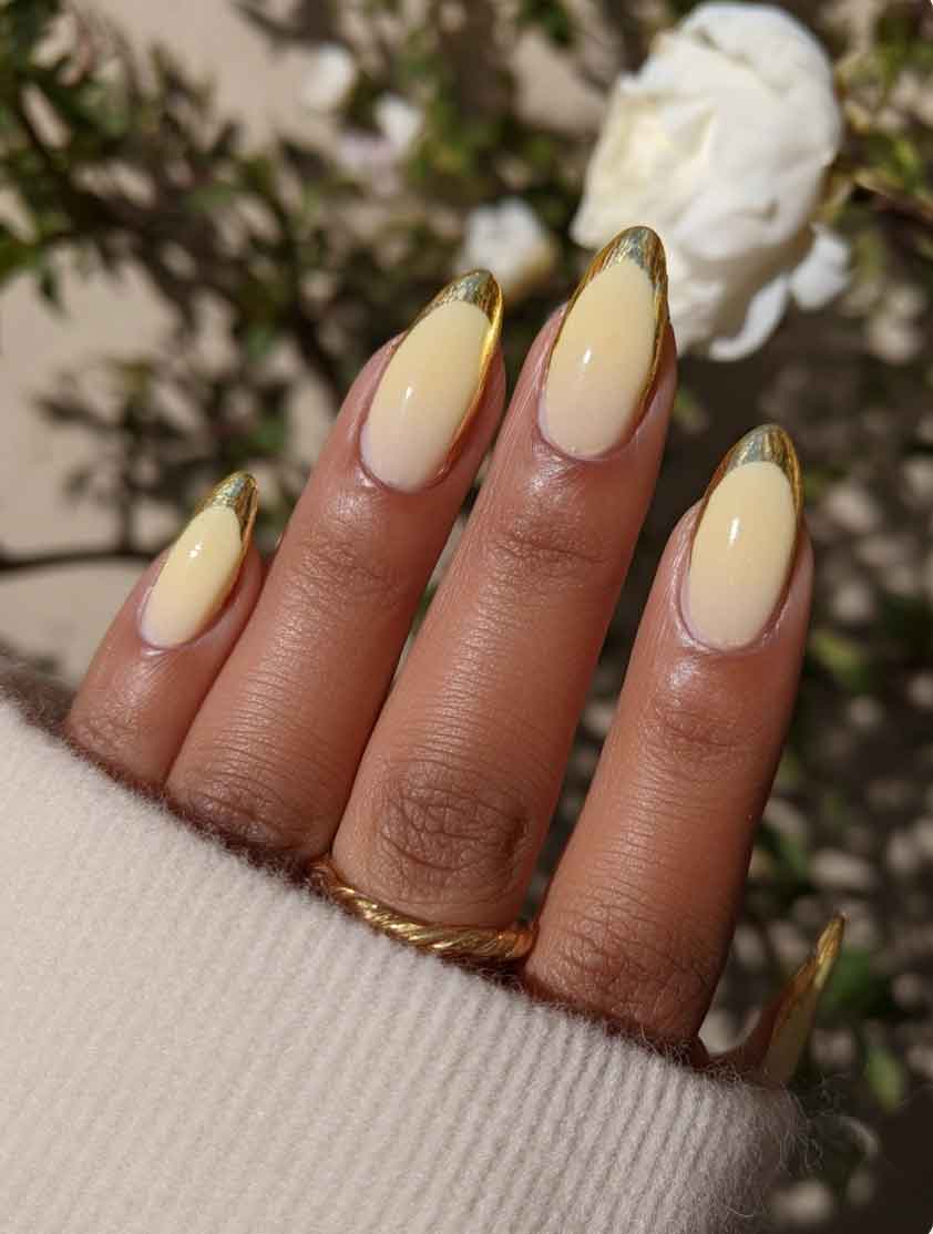 Pale Yellow Almond Nails With Gold Foil French Tips — Yellow Nails