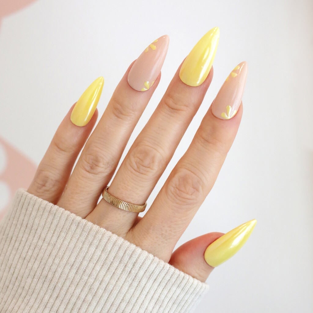 Long Sharp Almond Yellow Floral Nails — Yellow Nails