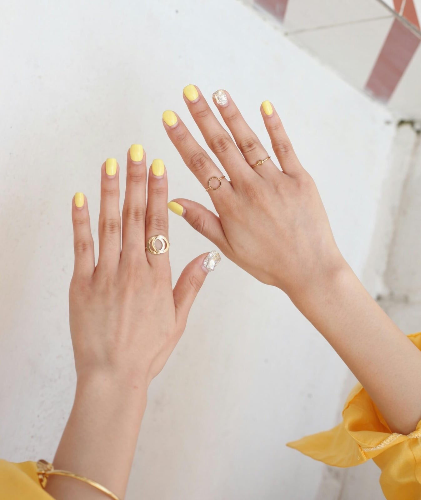 Long Almond Yellow French Tips With Floral Art — Yellow Nails