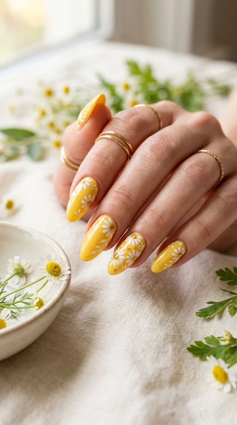 Medium Oval Yellow Nails With White Daisy Art