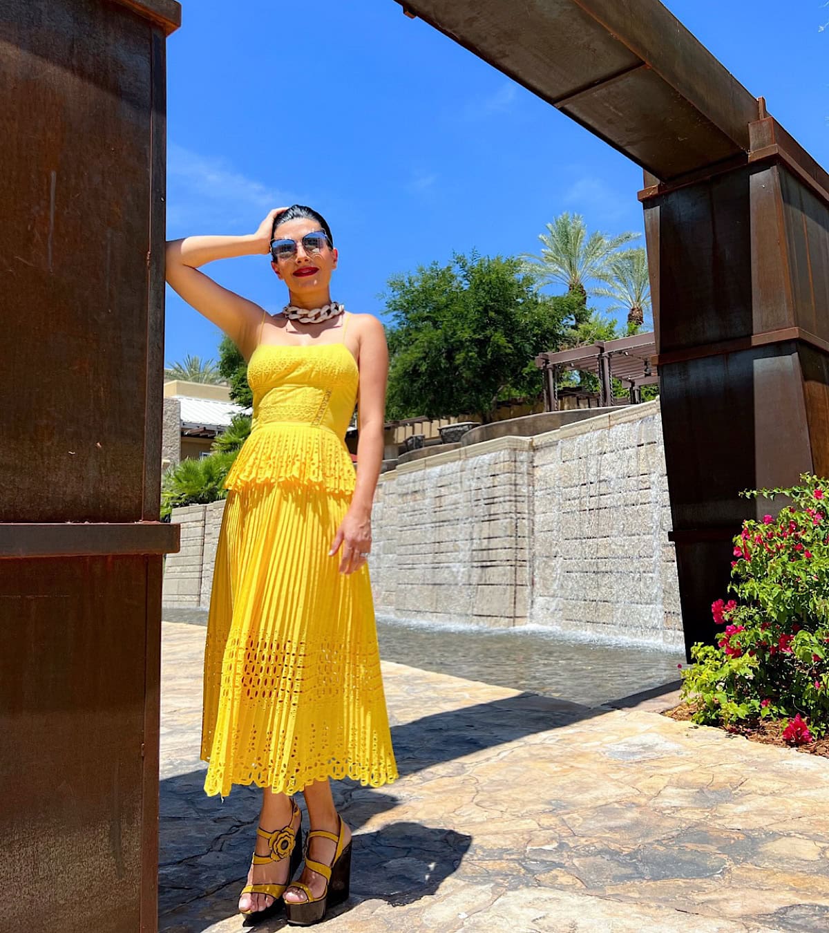 Bright Yellow Strapless Midi Dress with Eyelet Lace, Close-Up Take Bright Yellow Strapless Midi Dress with Eyelet Lace, Close-Up Take — Yellow Outfits