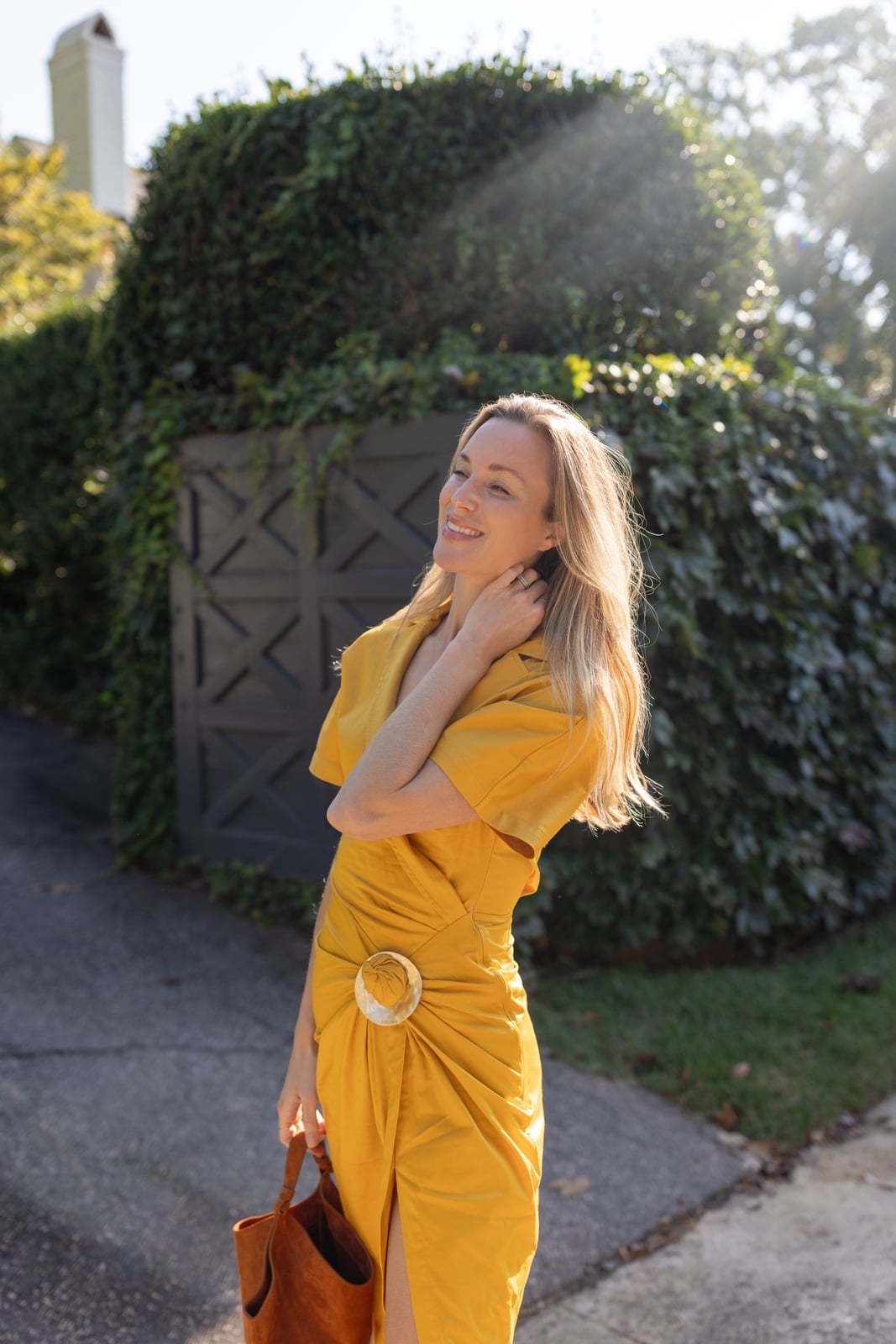 Mustard Yellow Dress with Oversized Collar and Buckle, Close-Up Take Mustard Yellow Dress with Oversized Collar and Buckle, Close-Up Take — Yellow Outfits