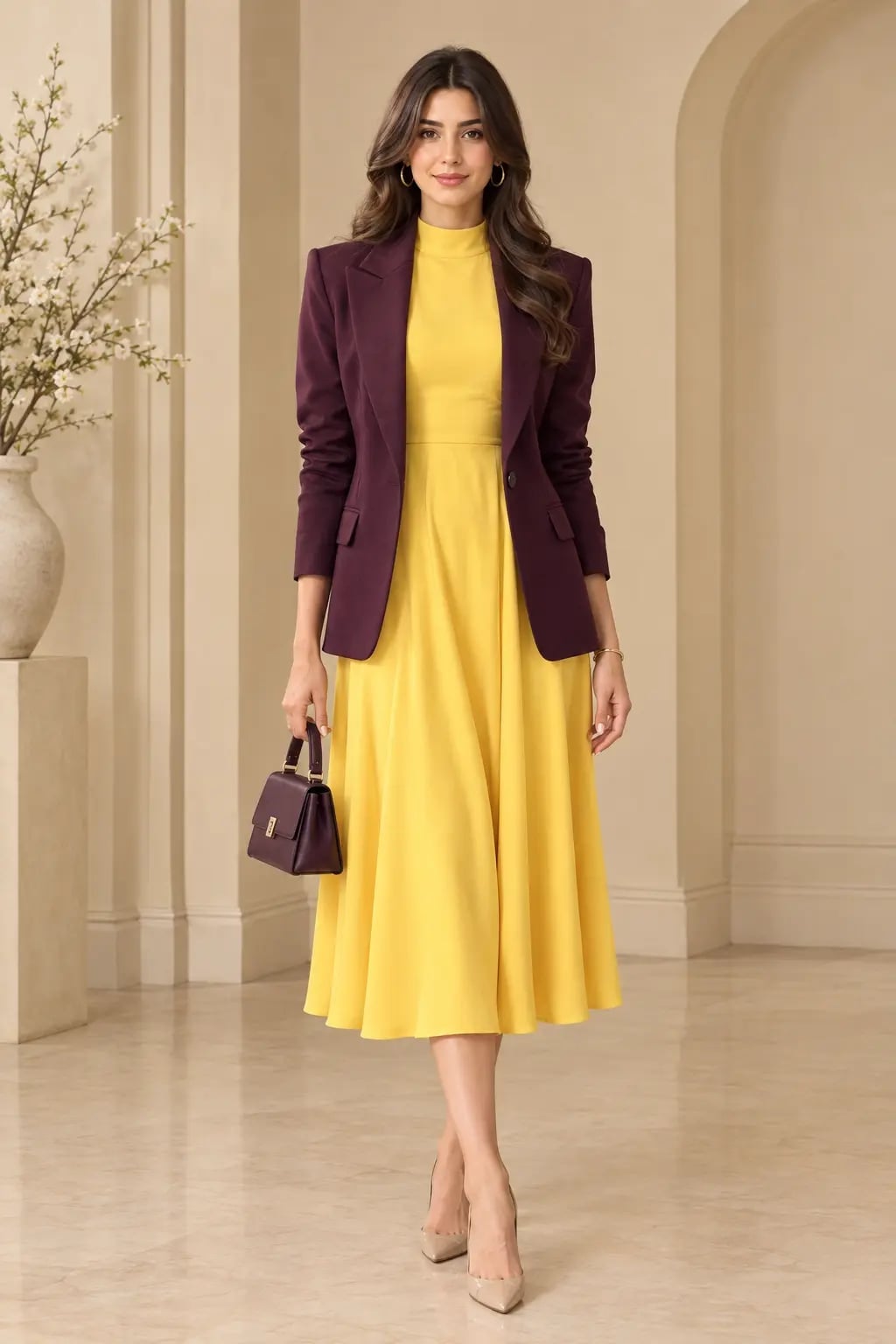 Yellow Midi Dress with Plum Blazer for Business Casual Yellow Midi Dress with Plum Blazer for Business Casual — Yellow Outfits