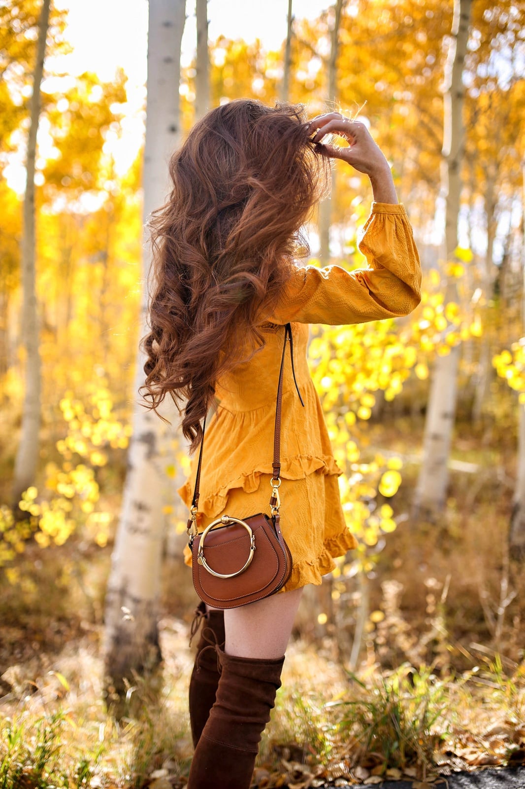 Mustard Yellow Ruffled Mini Dress with Tiered Skirt and Boots Mustard Yellow Ruffled Mini Dress with Tiered Skirt and Boots — Yellow Outfits