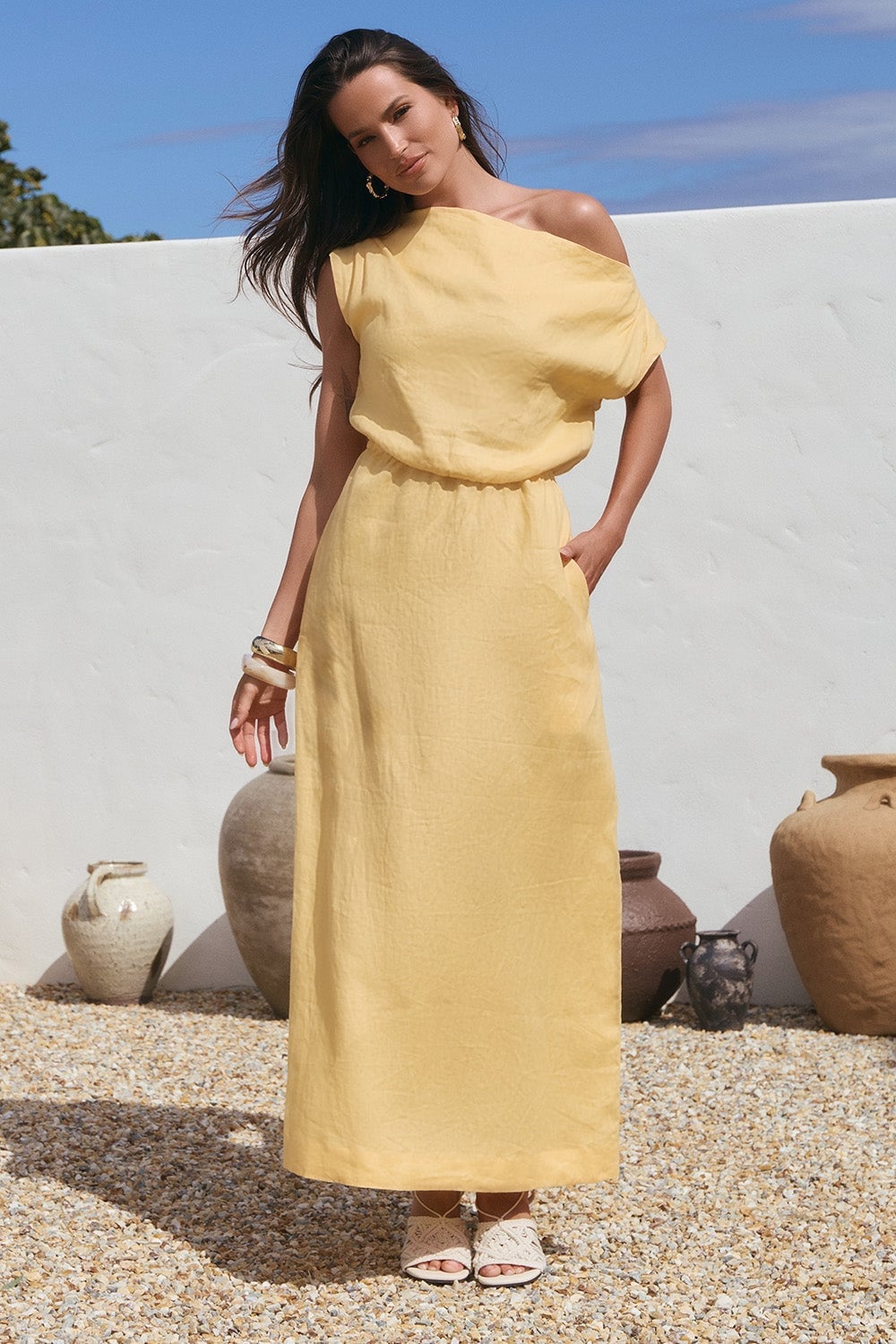 Butter Yellow One-Shoulder Linen Maxi Dress Butter Yellow One-Shoulder Linen Maxi Dress — Yellow Outfits