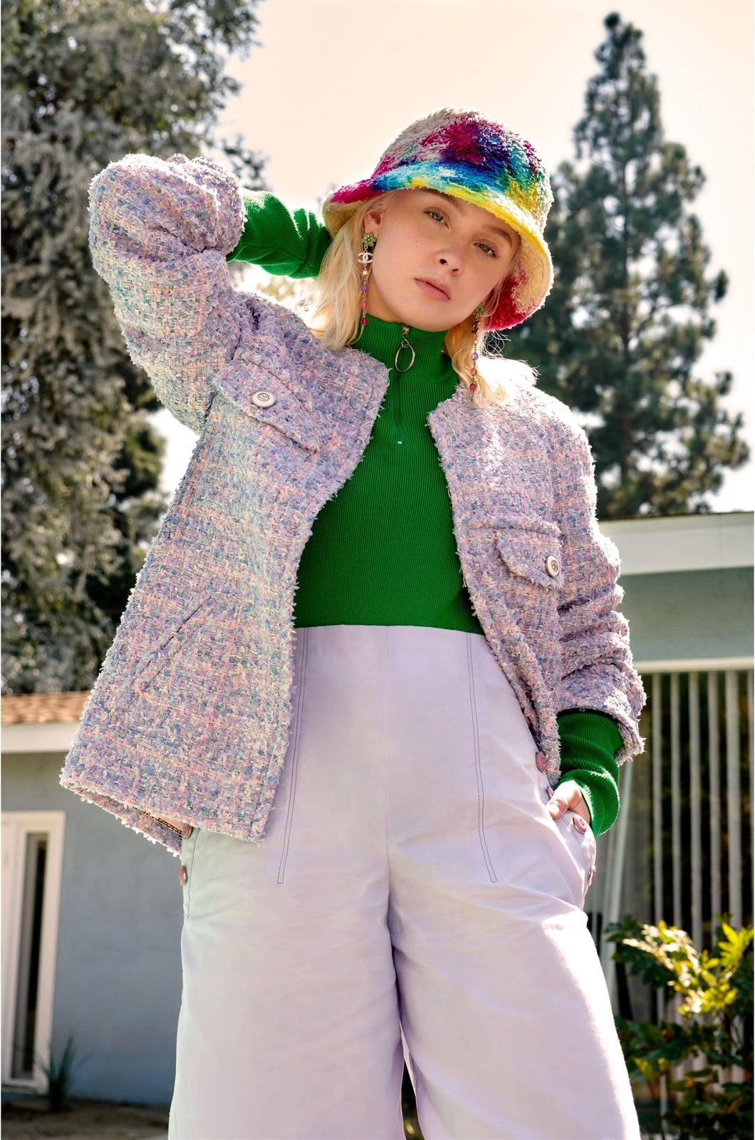 Pastel Tweed Jacket Over Green Turtleneck — Zara Larsson Outfits
