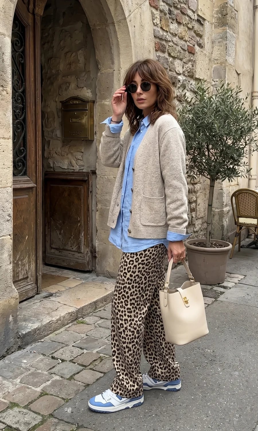 Leopard Print Trousers with Cardigan and Button-Down — Zoo Outfits