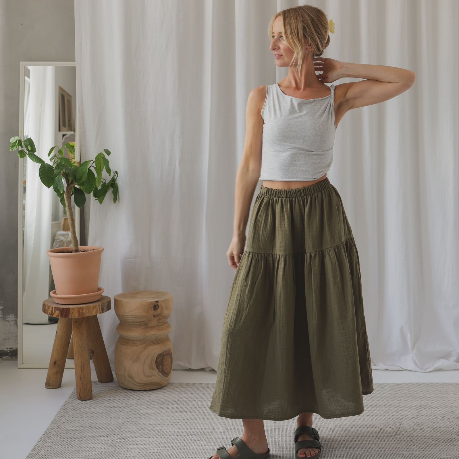 Gray Tank Top with Olive Green Tiered Maxi Skirt — Zoo Outfits